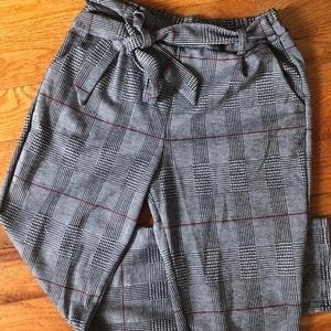 Plaid Houndstooth Gingham Tie Waist Slim Trouser